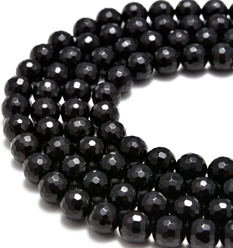 Vista 2 de JM Design Cuentas redondas sueltas facetadas de ónix negro, tamaño 0.157 in, 15.5 pulgadas, hebra para fabricación de joyas, arte y manualidades