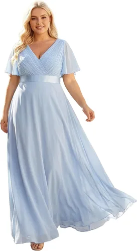 Vista 11 de Ever-Pretty Vestidos formales de noche de gasa para mujer con cuello en V de talla grande para mujeres con curvas, vestido de dama de honor de largo