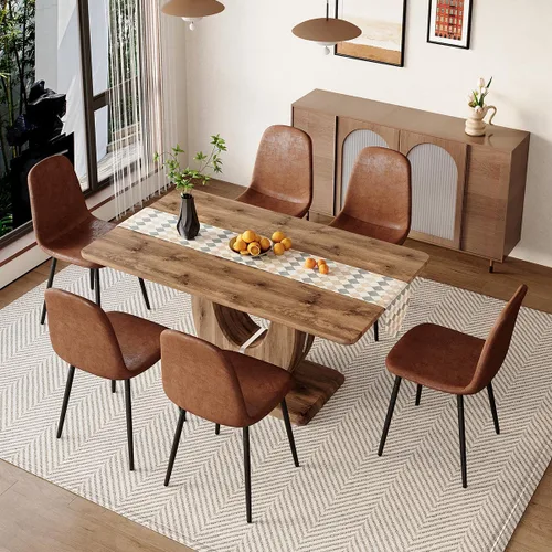 Vista 11 de Moderno juego de mesa de comedor para 6, mesa de cocina de madera con sillas de cuero, juego de mesa de comedor de 7 piezas con parte superior