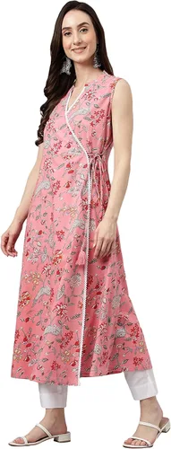 Vista 3 de Janasya Angrakha Kurta de algodón rosa con estampado floral para mujeres indias