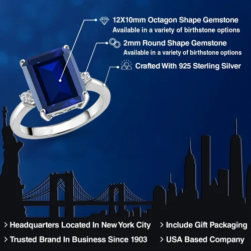 Vista 2 de Gem Stone King 5-7 Cttw Gemstone Birthstone and White Lab Grown Diamond 3-Stone Engagement Ring 925 Sterling Silver Center Emerald Cut 12X10MM