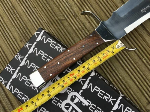 Vista 4 de Perkin Cuchillo de caza con funda de cuero, hoja de acero 440C con mango de madera de nogal