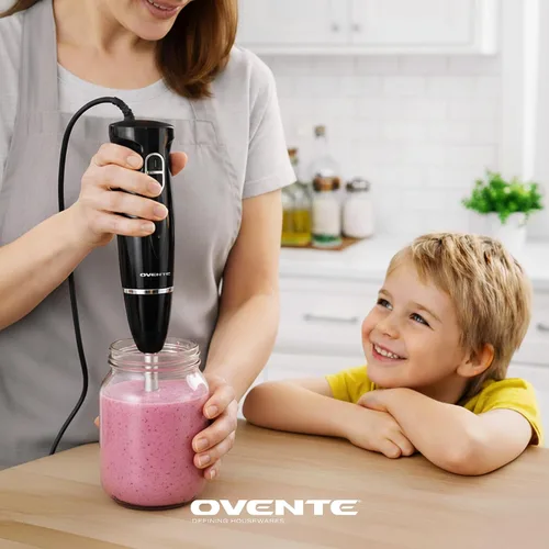 Vista 3 de OVENTE - Batidora de mano de inmersión, eléctrica portátil de 300W con 2 velocidades de mezcla y cuchillas de acero inoxidable para licuados, Negro
