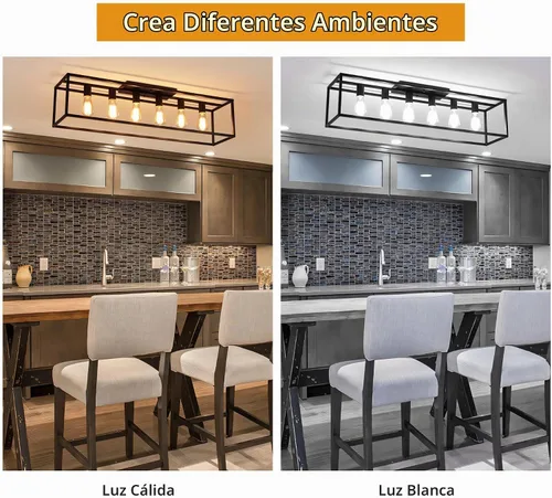 Vista 5 de Garwarm Lámpara de techo rectangular de montaje empotrado de 6 luces, lámpara de araña negra enjaulada de metal de 38 pulgadas, lámpara de techo