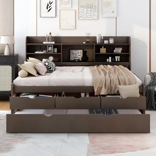 Vista 11 de Harper & Bright Designs Sofá cama de tamaño individual con estantes de almacenamiento, cajones y nido, marco de cama de esquina doble de madera