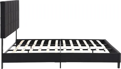 Vista 6 de Base de cama tamaño King, moderna cama tapizada con cabecero, base de cama pesada con soporte de listones de madera, fácil montaje, no necesita
