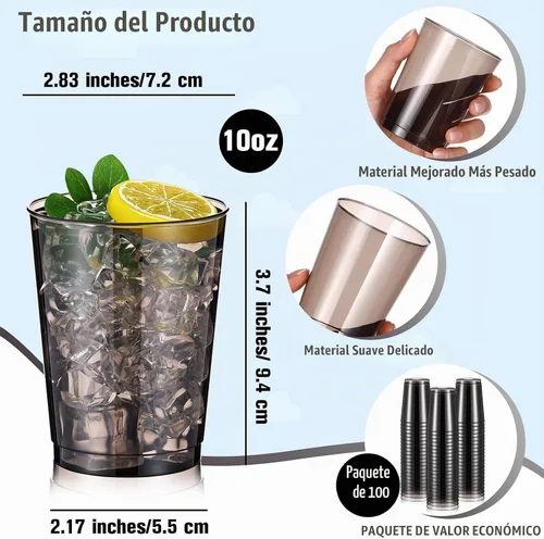 Vista 3 de Minatee Paquete de 100 vasos de plástico desechables negros de 10 onzas