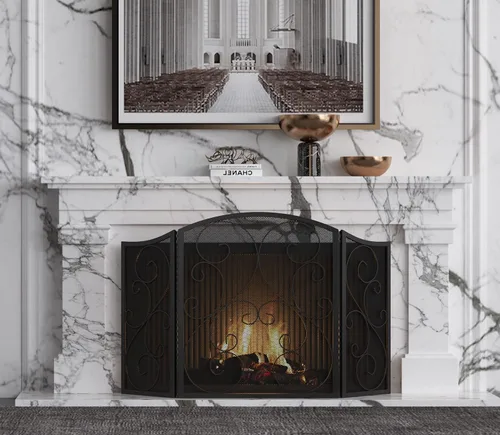Vista 7 de Pantalla para chimenea Fire Beauty de 3 paneles, hierro forjado de metal, 121,9 cm (L) x 76,2 cm (H), cubierta protectora contra chispas (negro)