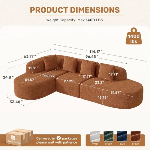 Vista 2 de Sofás sin huesos de 114 pulgadas para sala de estar, sofá seccional modular moderno con chaise, sofá seccional en forma de L tipo nube, no requiere