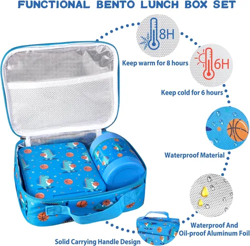 Vista 2 de Lonchera Bento para niños con termo de sopa de 10 onzas, recipientes de almuerzo a prueba de fugas con 4 compartimentos, tarro térmico
