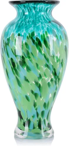 Vista 11 de Jarrón de vidrio soplado a mano de 11.8 pulgadas de alto, hermoso jarrón de boca ancha para centro de mesa, floreros pintados de vidrio de Murano