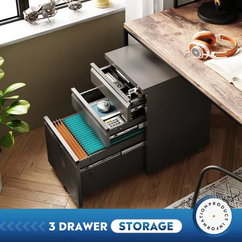 Vista 4 de DEVAISE Archivador móvil de 3 cajones con cerradura, gabinete de archivo de metal bajo el escritorio para oficina en casa/legal/carta/A4, Negro