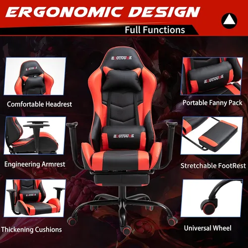 Vista 4 de Silla de masaje para juegos con reposapiés, silla de carreras de video, silla de computadora con respaldo alto, silla de computadora reclinable