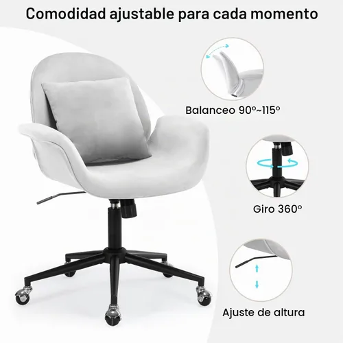 Vista 5 de Silla de escritorio de terciopelo, moderna silla de oficina en casa con altura ajustable giratoria para computadora ejecutiva con almohada, sillón
