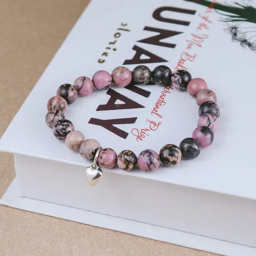 Vista 2 de Pingyongchang Pulsera elástica con cuentas de piedras naturales, con forma de corazón, ajustable, hecha a mano, trenzada, para mujeres, regalos