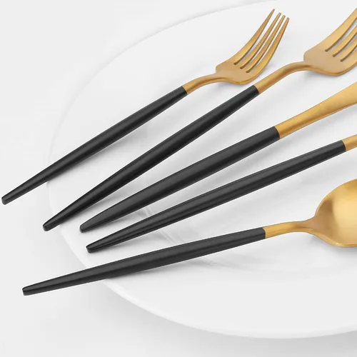 Vista 4 de Vanys - Juego de cubiertos dorados mate con mango negro, juego de cubiertos de acero inoxidable de 20 piezas, juego de utensilios de cocina para 4