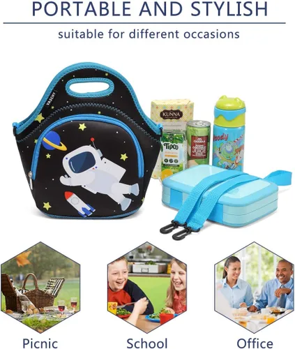 Vista 7 de VASCHY Bolsa de almuerzo para niños, bolsa de almuerzo ligera de neopreno aislada para niños, escuela, guardería, jardín de infantes, astronauta