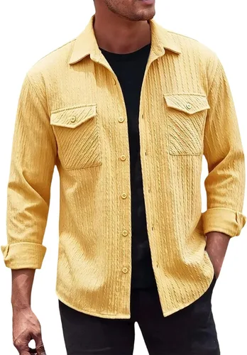 Vista 16 de Camisas con botones para hombre, casual, de manga larga, con cuello jacquard, texturizada, ligera, sobrecamisa, sobrecamisa