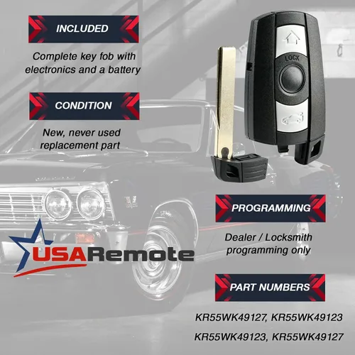 Vista 3 de Llavero de llave de auto con entrada sin llave compatible con BMW 3, 5, Series (KR55WK49123, KR55WK49127)