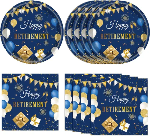 Vista 17 de Juego de 40 piezas de vajilla desechable para fiestas de jubilación para hombres y mujeres, color negro y plateado, incluye platos de jubilación
