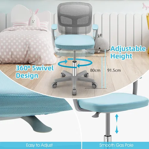 Vista 7 de Silla de escritorio para niños, silla ergonómica giratoria para estudio con soporte lumbar, malla transpirable y ruedas de bloqueo automático, silla
