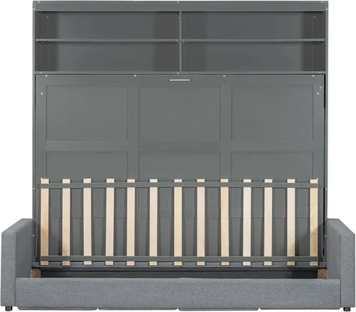 Vista 9 de Cama Murphy tamaño Queen, cama de madera Queen Murphy con sofá, cojín y estantes, gris