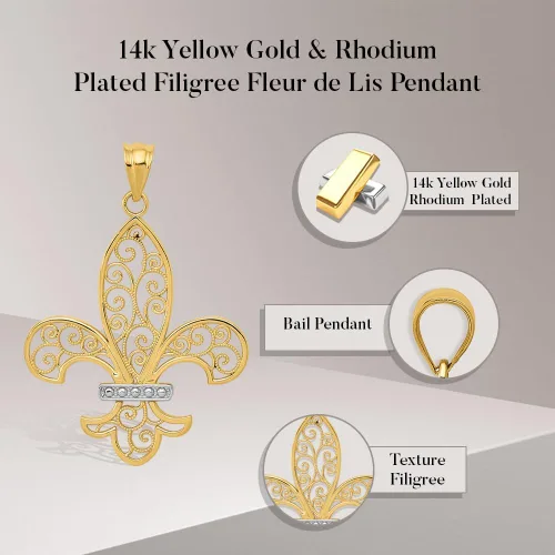 Vista 4 de Diamond2Deal Colgante de flor de Lis de Filigrana chapada en oro amarillo de 14 k y rodio, joyería fina para mujer (L- 1.575 in W- 0.984 in)