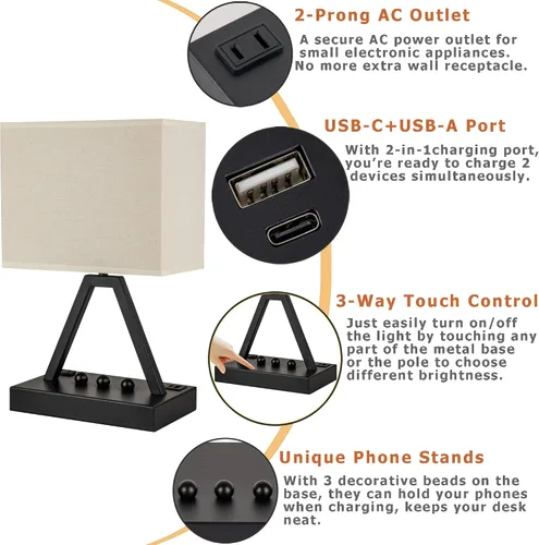 Vista 3 de Briever - Lámpara de mesa de control táctil, lámpara de escritorio regulable de 3 vías con USB C y USB A y tomacorriente AC, lámparas de noche