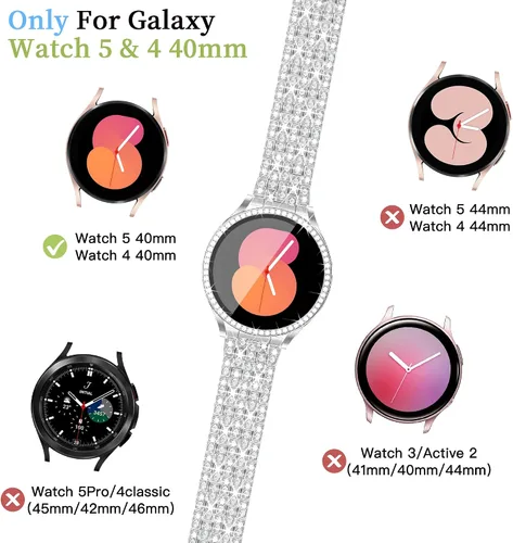 Vista 3 de Correa de diamantes compatible con Samsung Galaxy Watch 4 5 FE - Correa de 1.575 pulgadas con protector de pantalla, 0.787 pulgadas de liberación