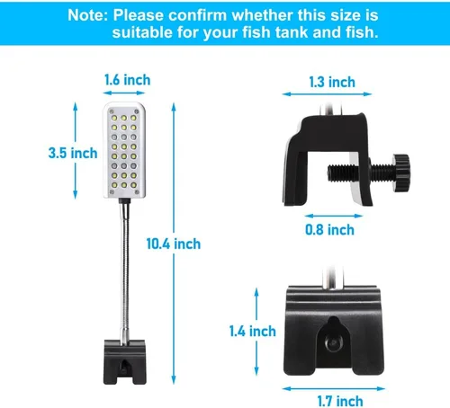 Vista 2 de DaToo Luz de acuario pequeña luz LED clip para pecera 1.5W con temporizador y atenuador, 1 año de garantía