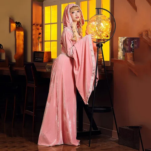 Vista 5 de Vestido renacentista de terciopelo para mujer con capucha, disfraz de bruja medieval de manga larga, vestido largo vintage