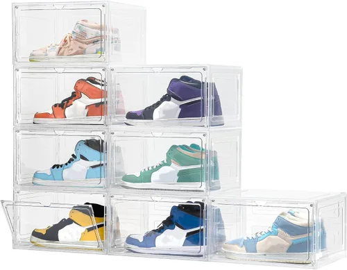 Vista 8 de Attelite Organizador grande y transparente para zapatos, caja de almacenamiento apilable de plástico con puerta magnética, contenedores grandes