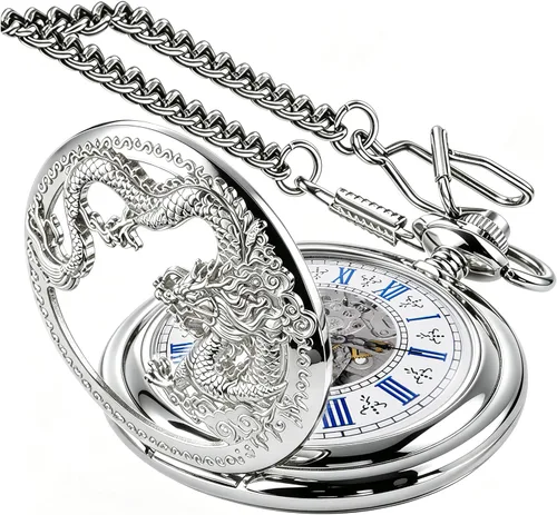 Vista 9 de Men's Mechanical Hollow Dragon Design Hand Wind Pocket Watch Roman Numerals Steampunk with Chain Box Cus-PJX1346-bronce negro