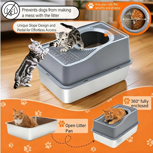 Vista 2 de Caja de arena para gatos de entrada superior con tapa, caja de arena cerrada de acero inoxidable para gatos, caja de arena de metal grande con carga