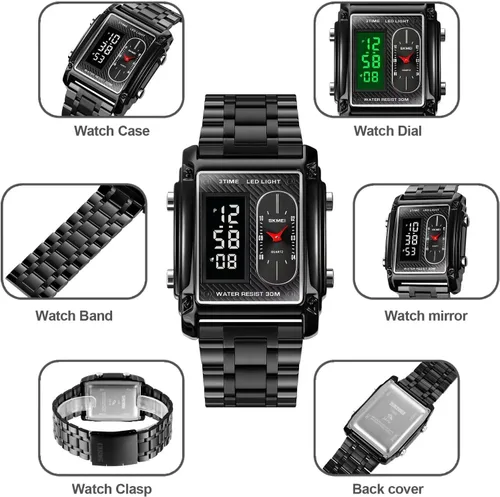 Vista 4 de FANMIS Relojes de pulsera deportivos con esfera rectangular para hombre con 7 colores opcionales retroiluminación LED multifuncional con alarma