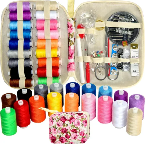 Vista 12 de Kit de costura con estuche Suministros de costura portátiles para el hogar, viajero, adultos, principiantes, emergencia, contiene 18 hilos de coser