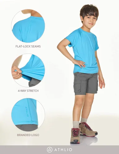 Vista 9 de ATHLIO Paquete de 2 camisetas de manga corta UPF 50+ para niños para exteriores, camiseta de natación para surf acuático, camiseta de natación UVSPF