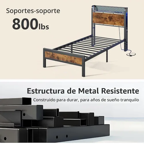 Vista 8 de Furnulem Base de cama tamaño individual con luces LED y estación de carga, base de cama con cabecera de almacenamiento de madera, cama de plataforma