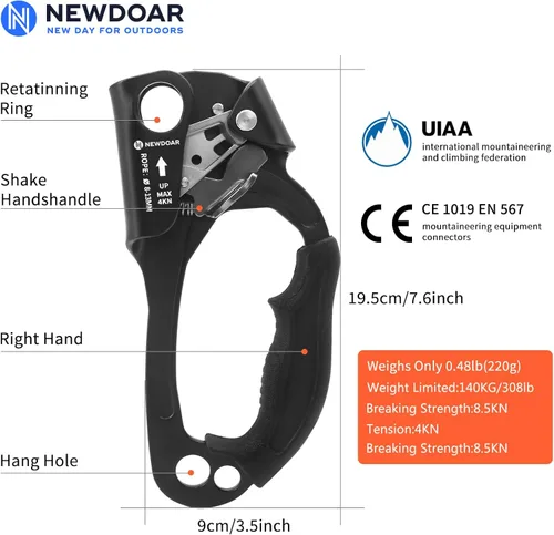 Vista 2 de NewDoar Certificado UIAA y CE - Ascendedor de mano para escalada en roca, arborista, equipo de rapel para cuerda de 8~13MM
