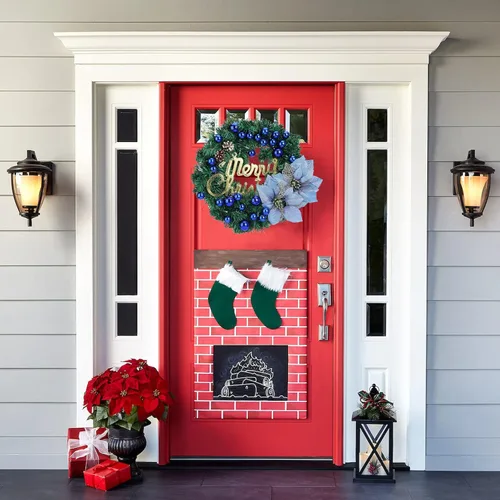 Vista 2 de Corona de Navidad artificial preiluminada, corona de Navidad iluminada al aire libre para puerta delantera, corona de Navidad colección de Navidad