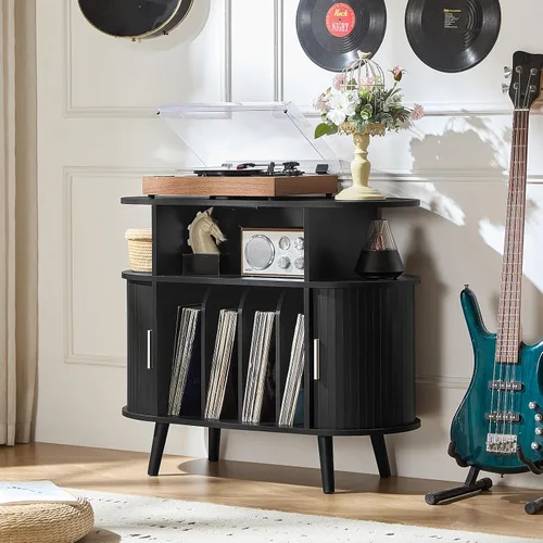Vista 9 de LELELINKY - Pequeño soporte redondo para tocadiscos con estación de carga y estante de exhibición estriado, gabinete de tocadiscos negro de mediados