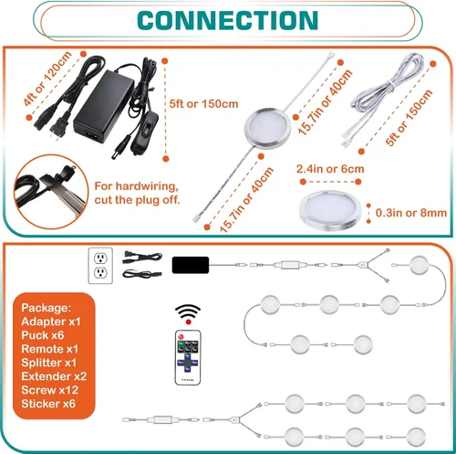 Vista 2 de Kit de iluminación de disco debajo del gabinete, iluminación de ambiente, control remoto LED RF inalámbrico regulable, enlazable en cadena