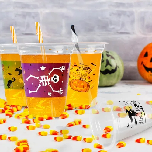 Vista 2 de GuassLee Paquete de 50 vasos desechables de Halloween – Juego de vasos de plástico desechables transparentes de 12 onzas con 5 estilos de patrones