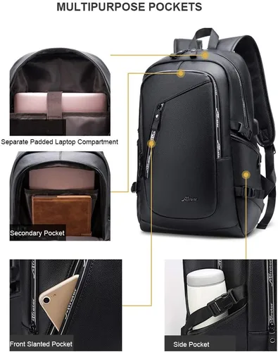 Vista 3 de DYJ Mochila de cuero vegano para laptop para mujeres y hombres, mochilas de viaje vintage de poliuretano con puerto de carga USB para laptop de 17