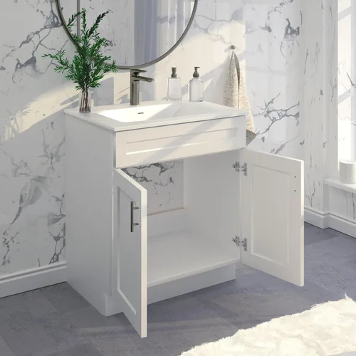 Vista 3 de Lavabo de baño blanco con base de coctelera de 24"/30"/36" de ancho, armario listo para montar (30" de ancho)