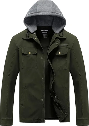 Vista 2 de Chaqueta ligera de algodón para hombre, estilo militar, con capucha, de canvas, para campo, ropa de trabajo, casual, cargo de primavera
