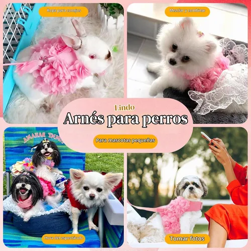 Vista 3 de Lindo arnés y correa para perros pequeños, arnés de encaje rosa floral para cachorros para perros pequeños, gatos, malla suave, chaleco para perro