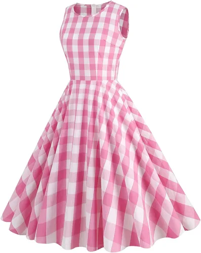 Vista 2 de ODASDO Vestido de cuadros rosa para mujer, estilo vintage, Rockabilly de los años 50, con tirantes delgados, acampanado, vestido midi para cóctel