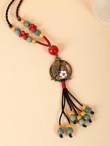 Vista 3 de Collar de cuentas de cerámica coloridas de flores bohemias, joyería con cuentas tricolor, regalos para mujeres