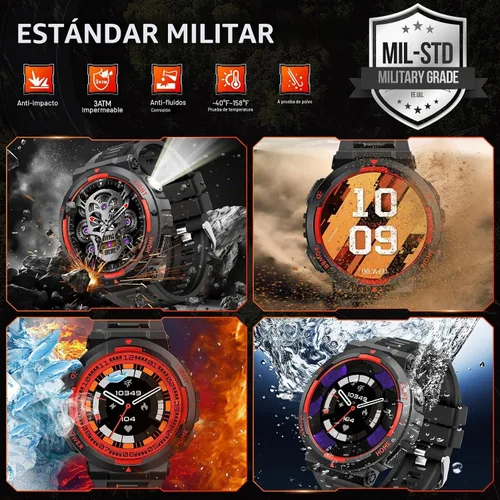 Vista 2 de Relojes inteligentes militares para hombres (respuesta/hacer llamadas) con linterna LED 3ATM resistente al agua reloj inteligente con más de 100